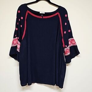 Crown and Ivy Crinkle Navy Blouse with Pink Embroidery, SZ 3X, See Flaw, NWT